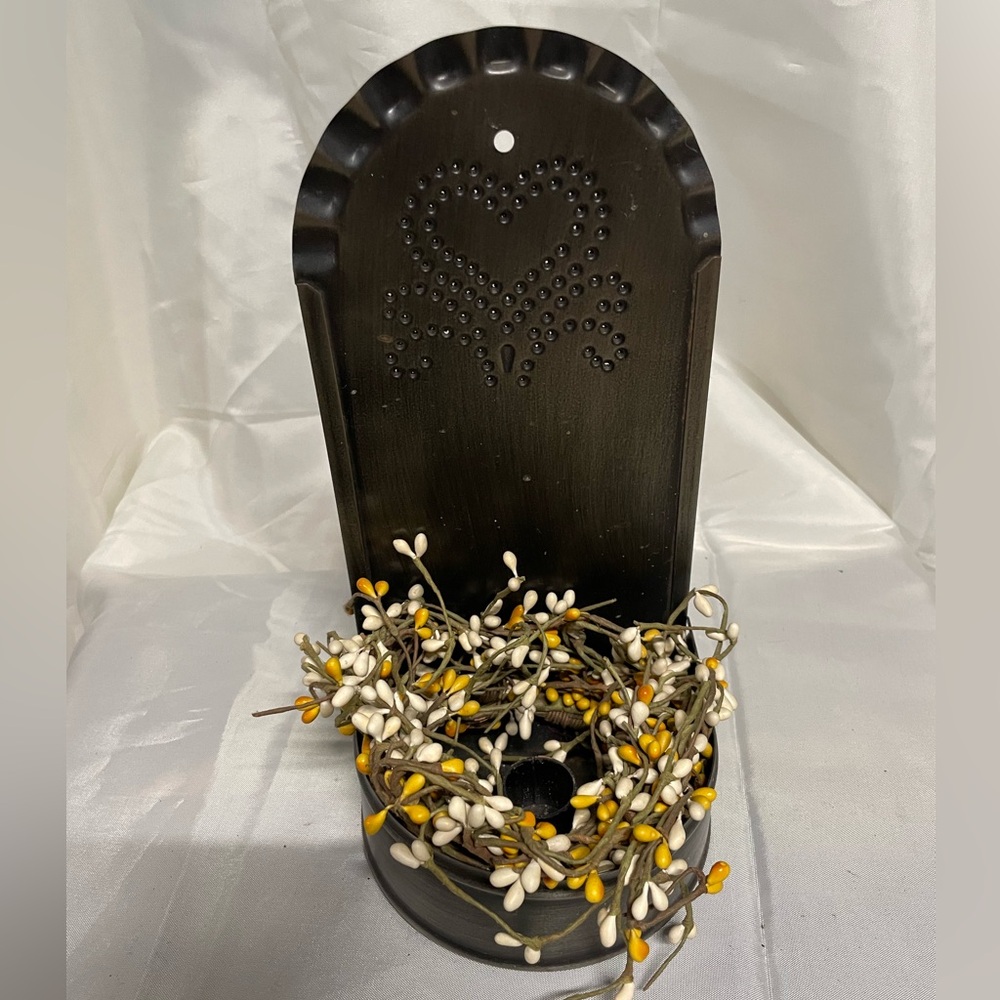 Handmade Yellow & Cream Berry Garland on Black Metal /Tin  Candle Holder